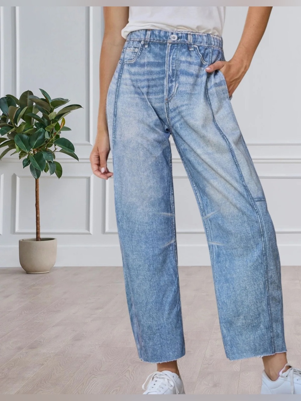 Oddi Pants Womens Small Soft Denim Look Printed Barrel Leg Sweatpants New